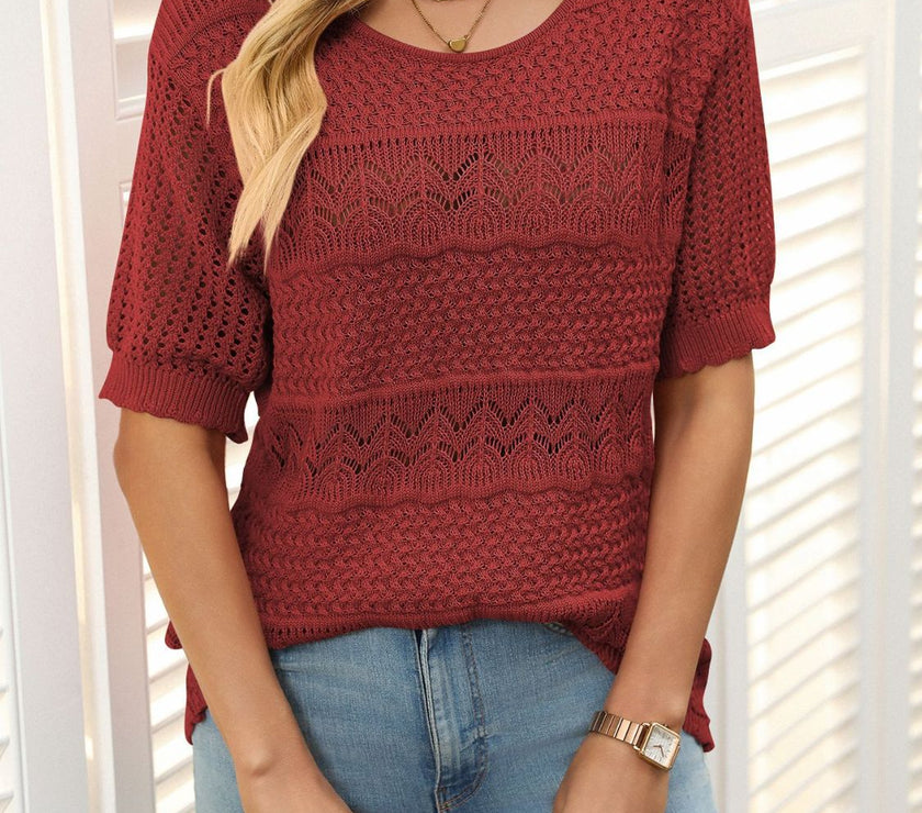 Mandy Openwork Round Neck Half Sleeve Knit Top