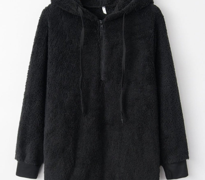 Full Size Quarter-Zip Drawstring Teddy Hoodie