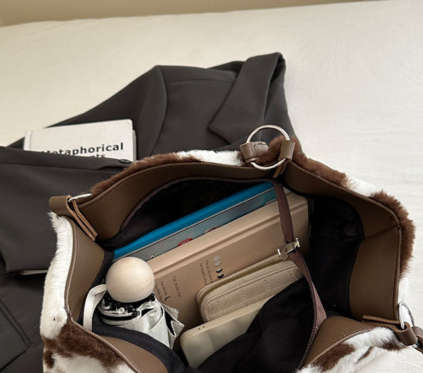 Cow Print Furry Tote Bag