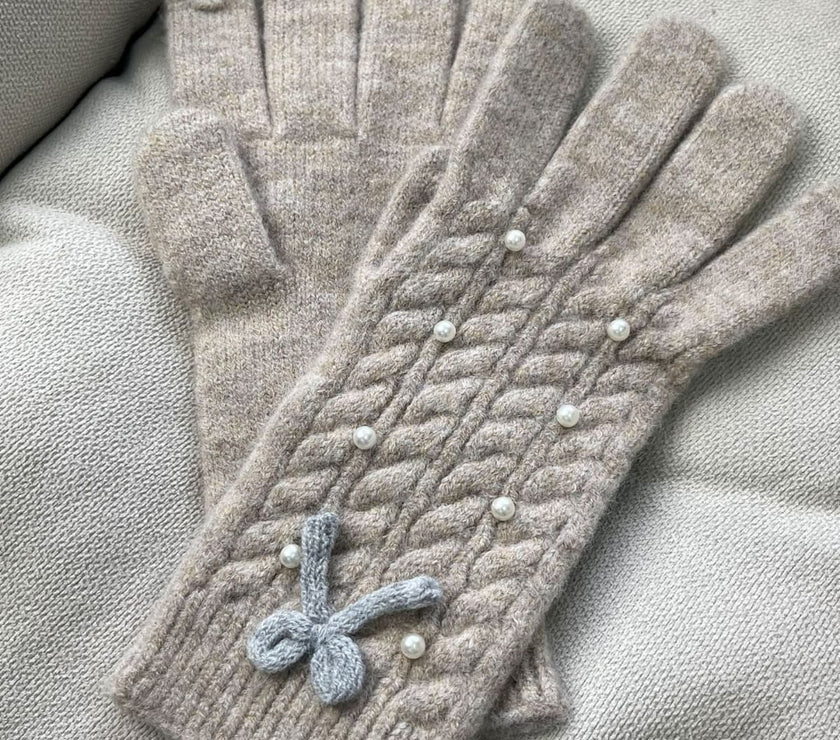 Thermal Pearl Detail Bow Five-Finger Gloves