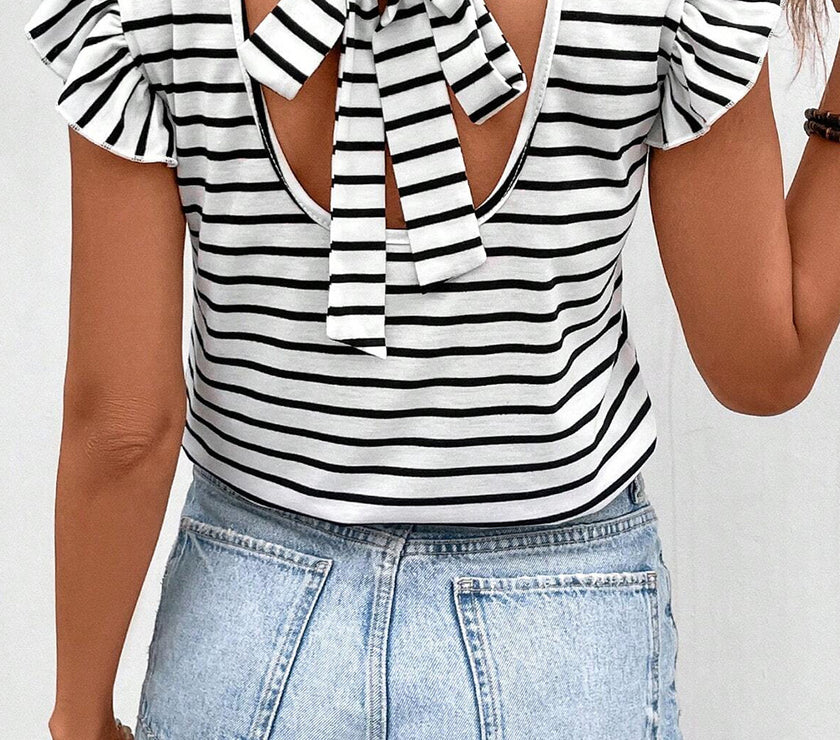 Tied Striped V-Neck Cap Sleeve T-Shirt