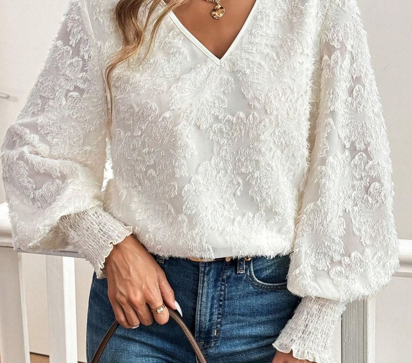 V-Neck Lantern Sleeve Blouse
