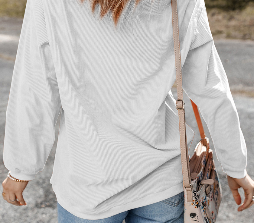 White Sequin Mardi Gras Symbol Crown Mask Patched Corded Sweatshirt