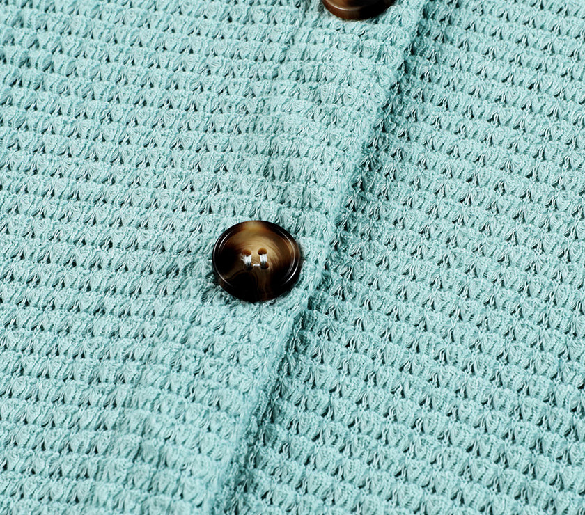 Waffle-Knit Collared Neck Long Sleeve Shirt