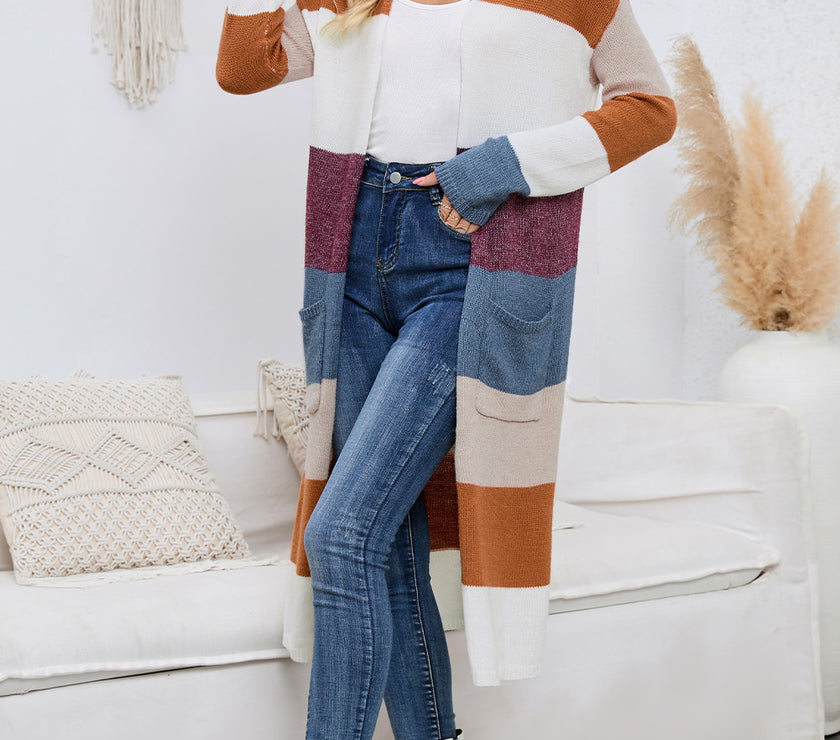 Long Color Block Open Front Pocketed Cardigan