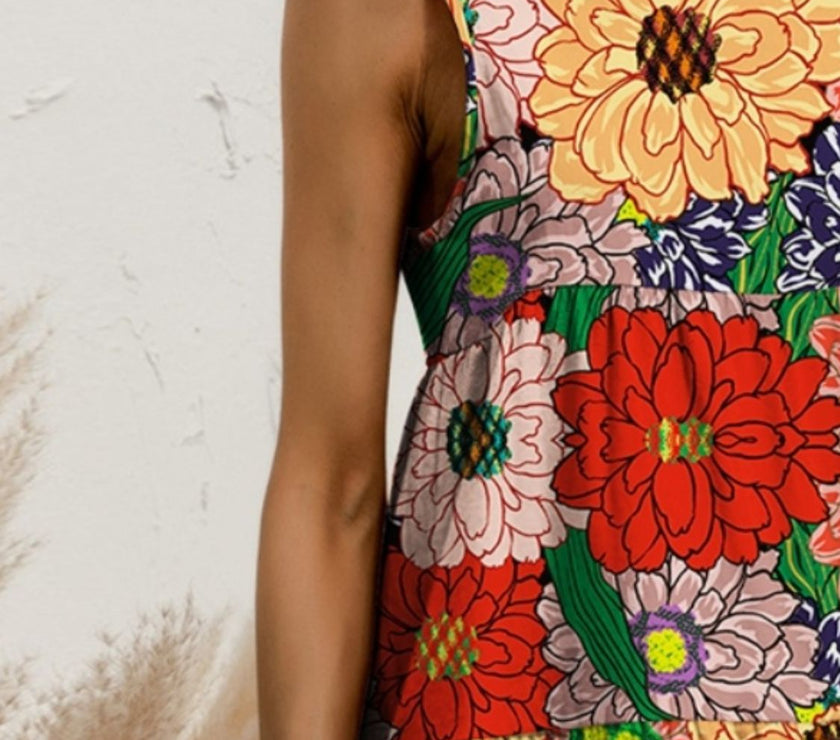 FAM-FAM Tiered Printed Round Neck Sleeveless Dress