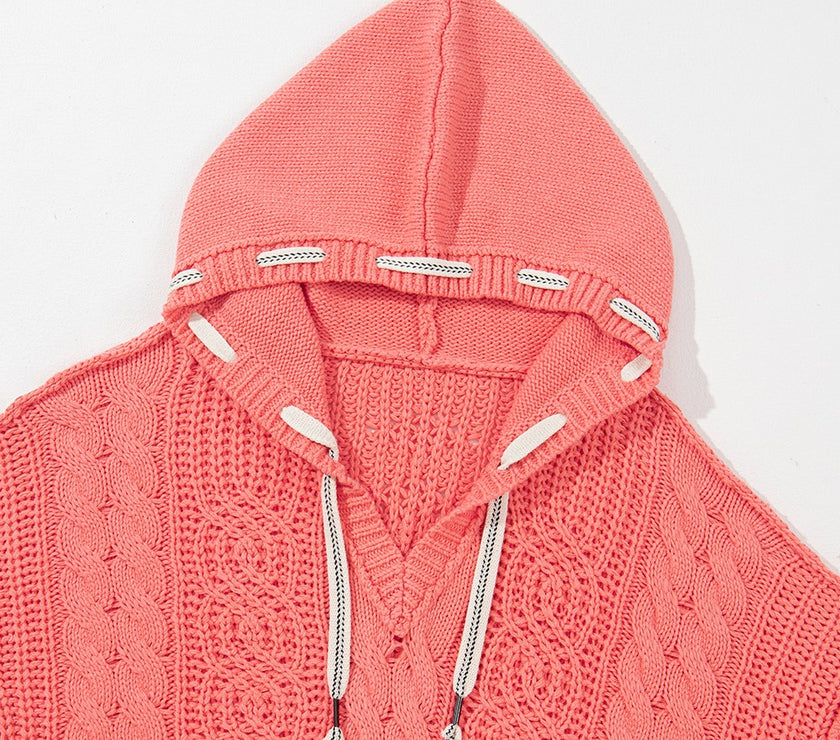 Drawstring Cable-Knit Hooded Sweater