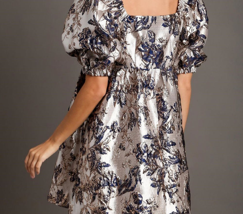 Umgee Metallic Jacquard Puff Sleeve Dress