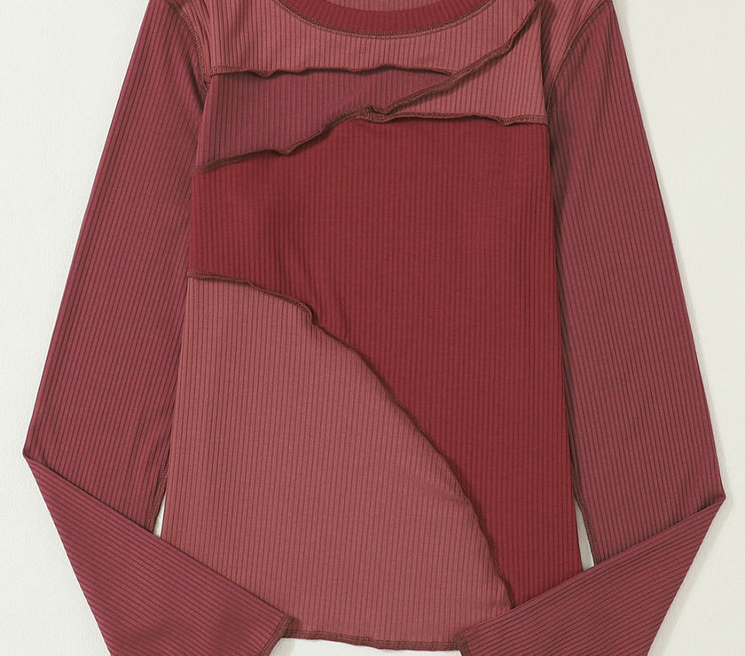 Exposed Seam Contrast Round Neck Long Sleeve T-Shirt