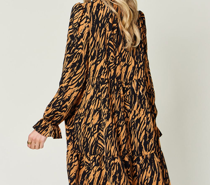 Double Take Full Size Printed Ruffle Hem Long Sleeve Dress