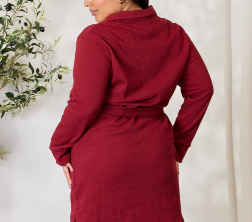 Culture Code Full Size Tie Front Half Zip Long Sleeve Shirt Dress