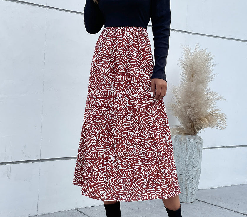 Perfee Printed Mock Neck Puff Sleeve Midi Dress