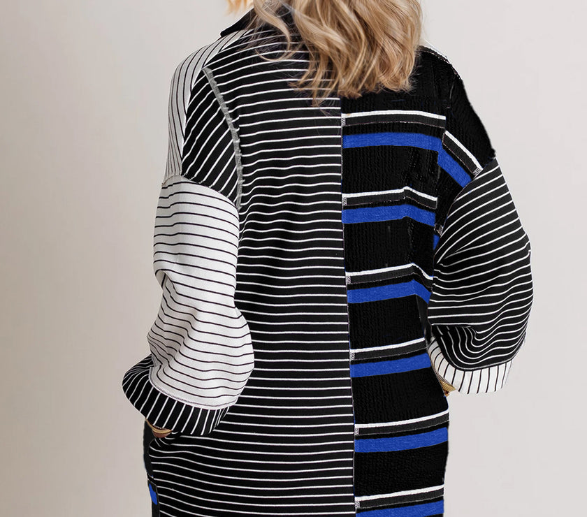 Oh Full Size Striped Half Button Long Sleeve Mini Dress