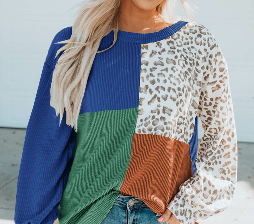 Color Block Leopard Round Neck Sweatshirt