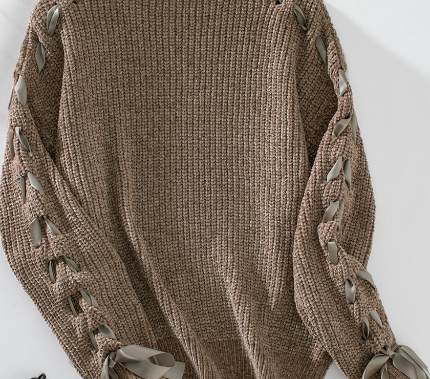 Lace Up Round Neck Long Sleeve Sweater