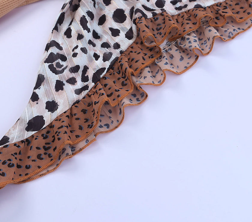 Plus Size Printed Color Block Ruffled Blouse