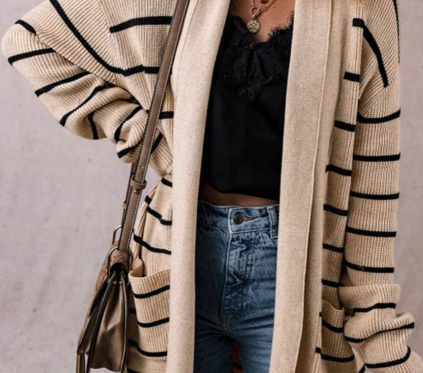 Striped Open Front Long Sleeve Cardigan