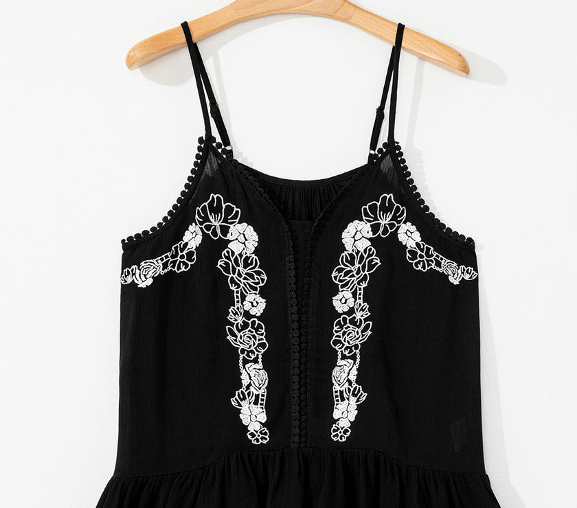Black Floral Embroidery Ruffled Spaghetti Straps Tank Top