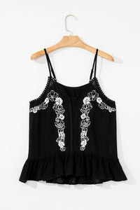 Black Floral Embroidery Ruffled Spaghetti Straps Tank Top