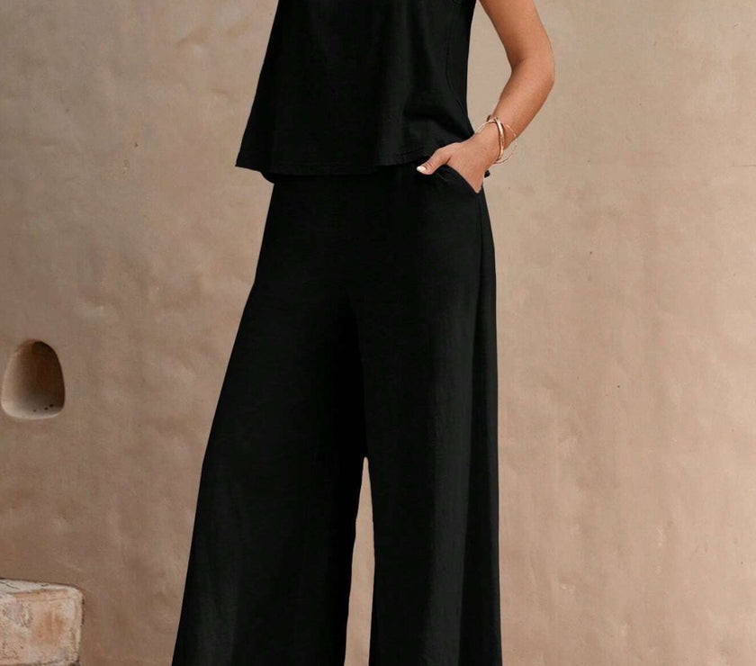 Round Neck Sleeveless Top and Wide Leg Pants Set