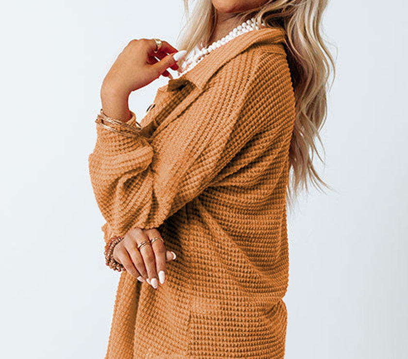 Waffle-Knit Collared Neck Long Sleeve Shirt