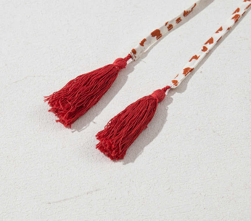 Red Printed Embroidery Detail Tie Split Neck Blouse