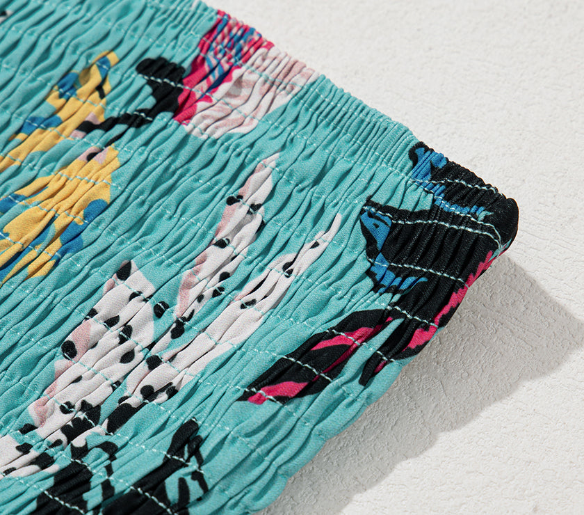 Green Plus Size Floral Smocked Bodice Single Puff Short Sleeve Babydoll Blouse