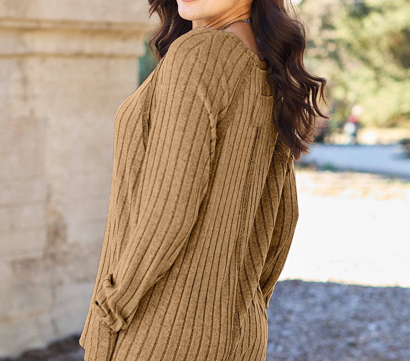 Basic Bae Full Size Ribbed Round Neck Long Sleeve Knit Top