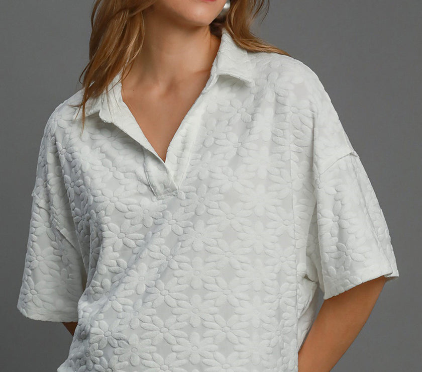 Umgee Floral Johnny Collar Half Sleeve Jacquard Top