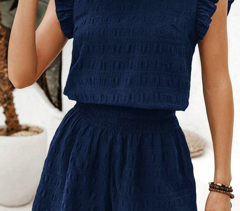 Dirty blue Textured Square Neck Top and Shirred High Waist Shorts Set