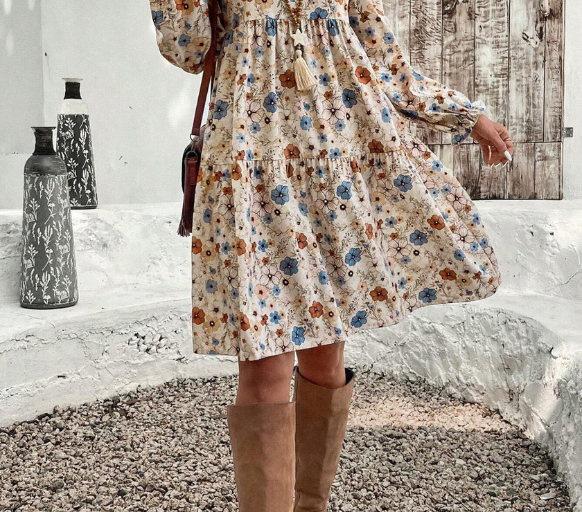 Tiered Floral Round Neck Long Sleeve Dress