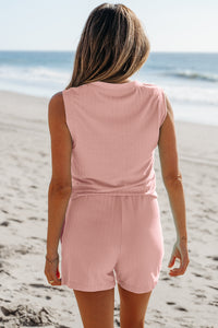 Gossamer Pink Ribbed Button V Neck Tank Top and Shorts Set