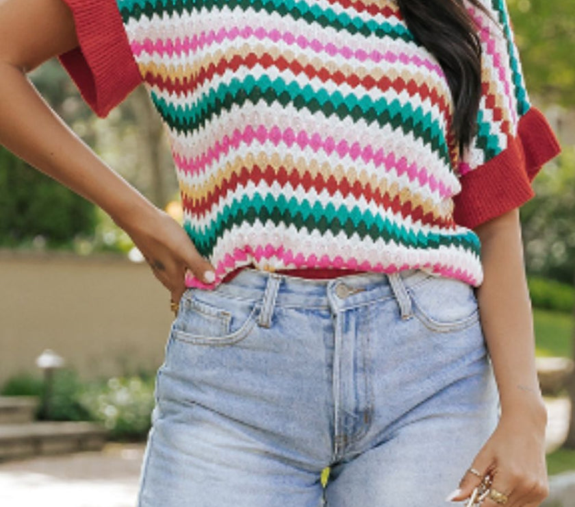 Contrast Round Neck Short Sleeve Sweater