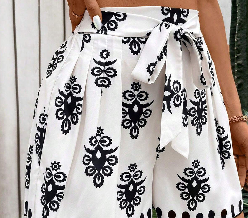 Black Tribal Geometric Print Belted High Waist Casual Shorts