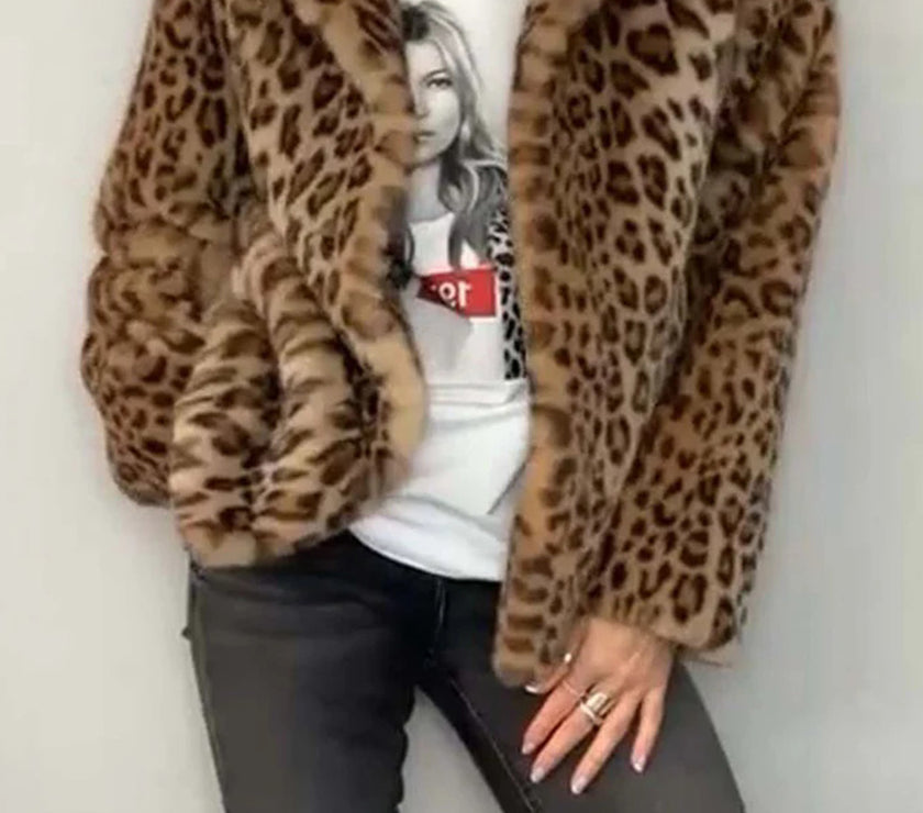 Full Size Leopard Furry Collared Neck Long Sleeve Coat