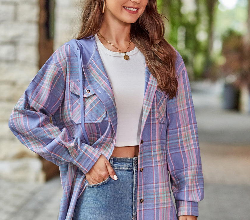 Mandy Plaid Long Sleeve Hooded Jacket