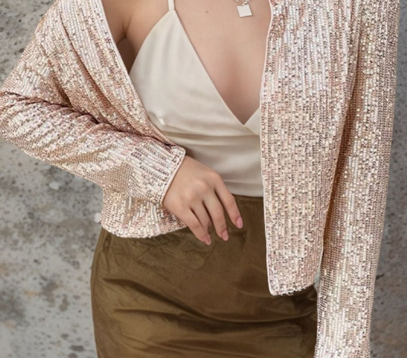 Full Size Sequin Open Front Cropped Jacket