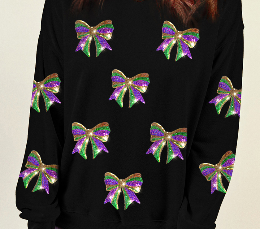 Black Sequin Mardi Gras Bow Graphic Drop Shoulder Pullover Sweatshirt