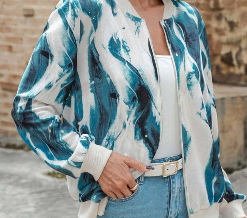 Printed Baseball Collar Zip Up Jacket