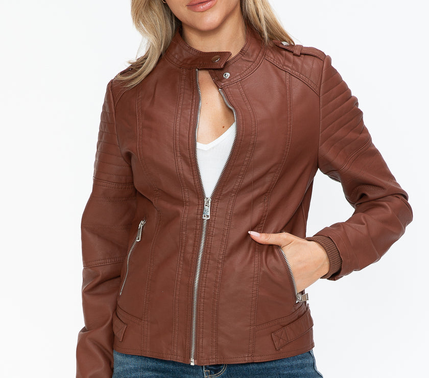 Snobbish PU Leather Biker Jacket with Side Zip Pockets