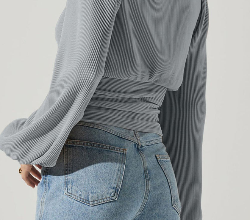 Drawstring V-Neck Long Sleeve Blouse