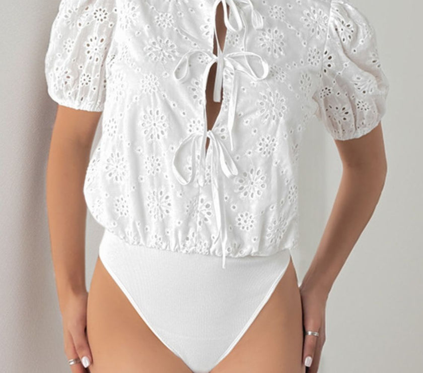 Perfee Tied Eyelet Short Sleeve Bodysuit