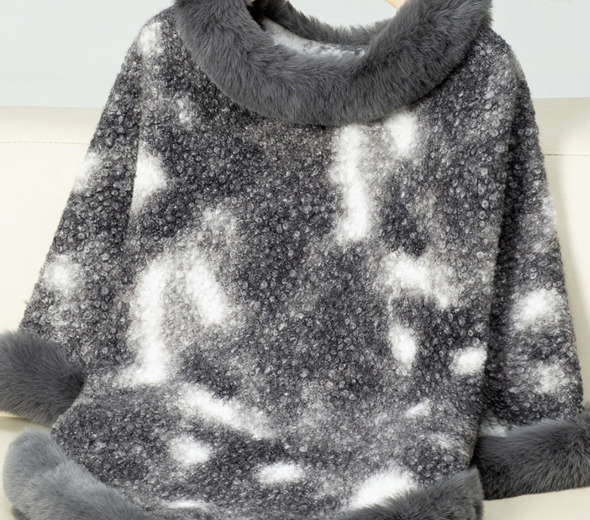 Furry Contrast Three-Quarter Poncho