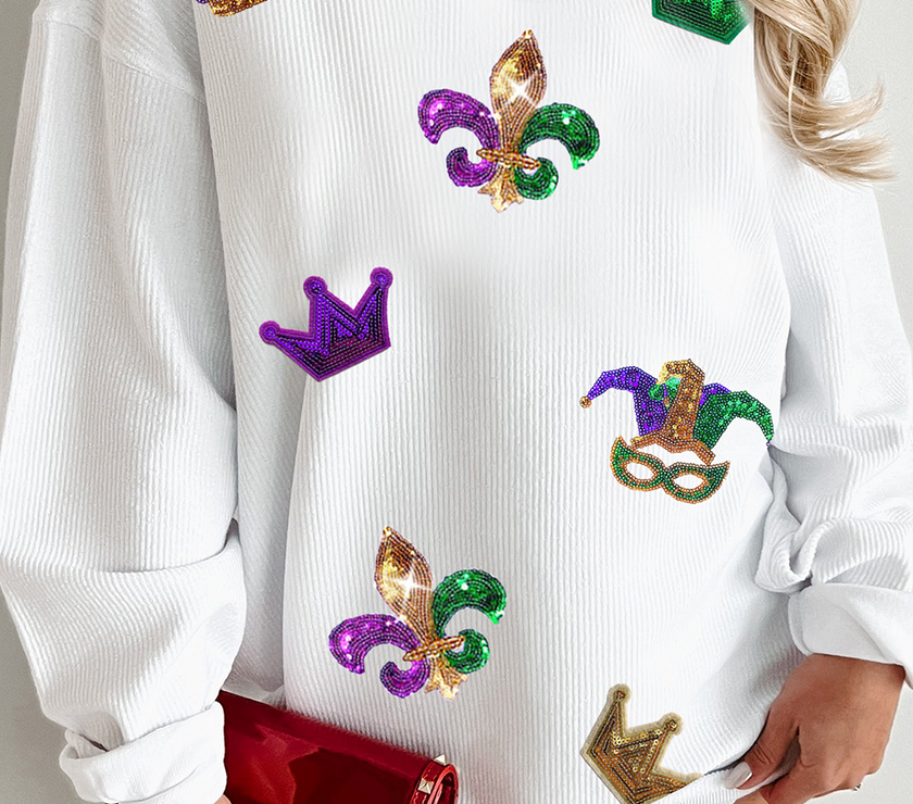 White Sequin Mardi Gras Symbol Crown Mask Patched Corded Sweatshirt
