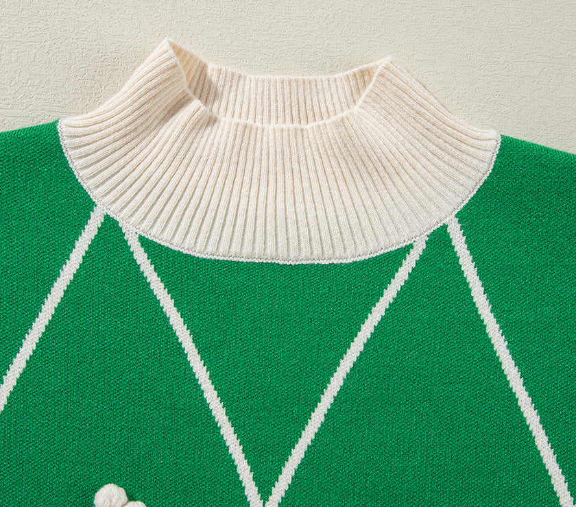 Diamond Pattern Contrast Trim Mock Neck Sweater
