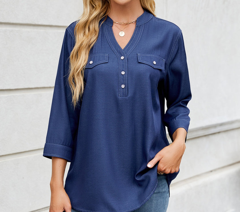 Notched Three-Quarter Sleeve Denim Top