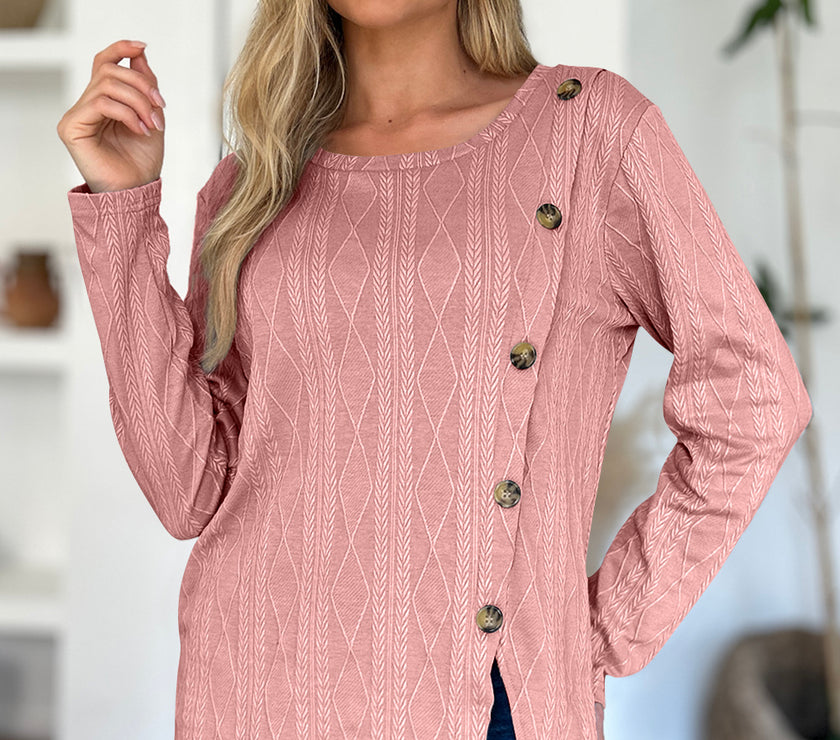 FAM-FAM Slit Round Neck Long Sleeve T-Shirt