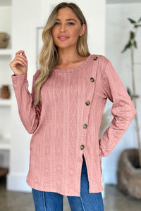 FAM-FAM Slit Round Neck Long Sleeve T-Shirt