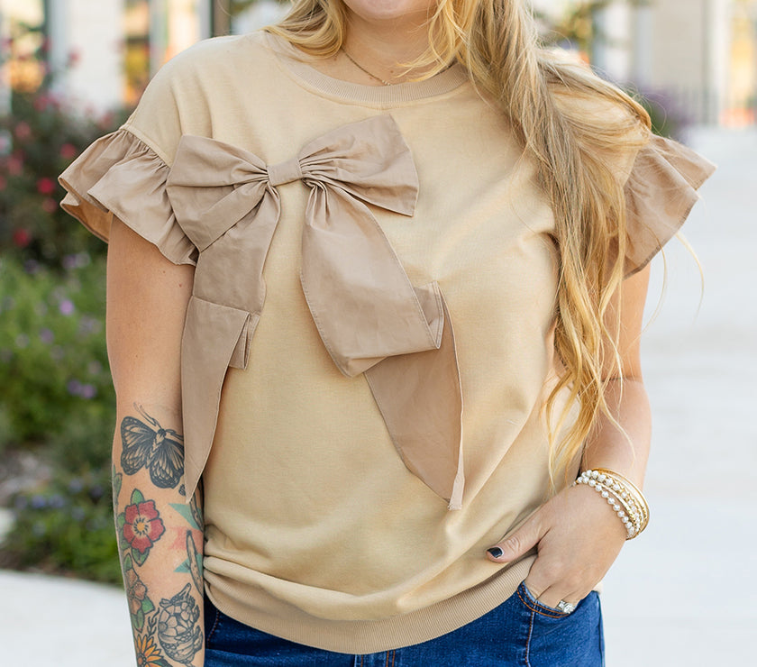 Parchment Ruffled Short Sleeve Bowknot Applique Crew Neck Plus Size Top