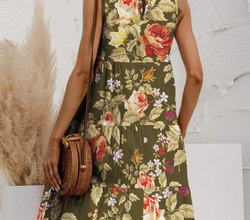 FAM-FAM Tiered Printed Round Neck Sleeveless Dress